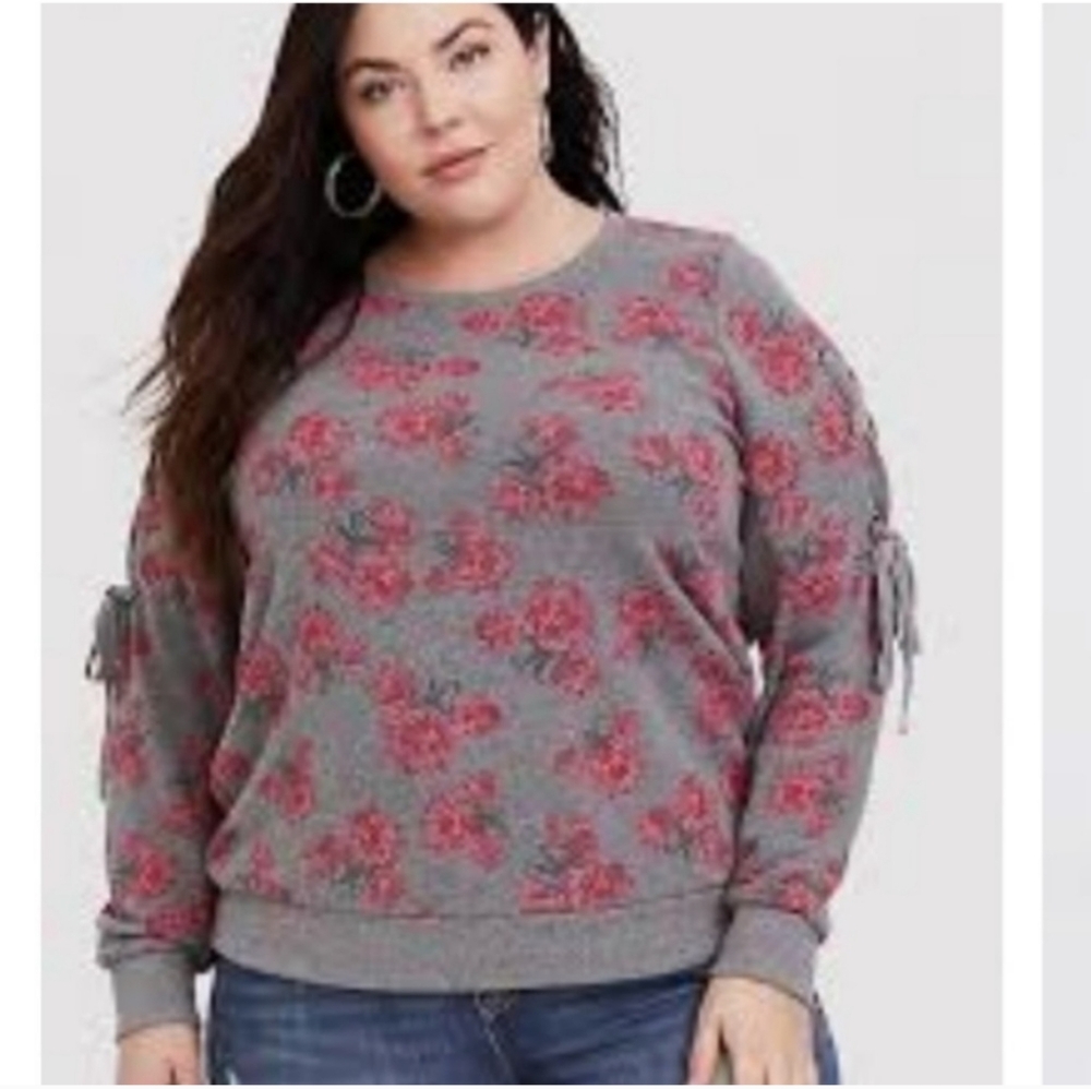 Gray and Red Floral Minnie Disney Design Long Sleeve Sweater w/ Lace Up Sleeves